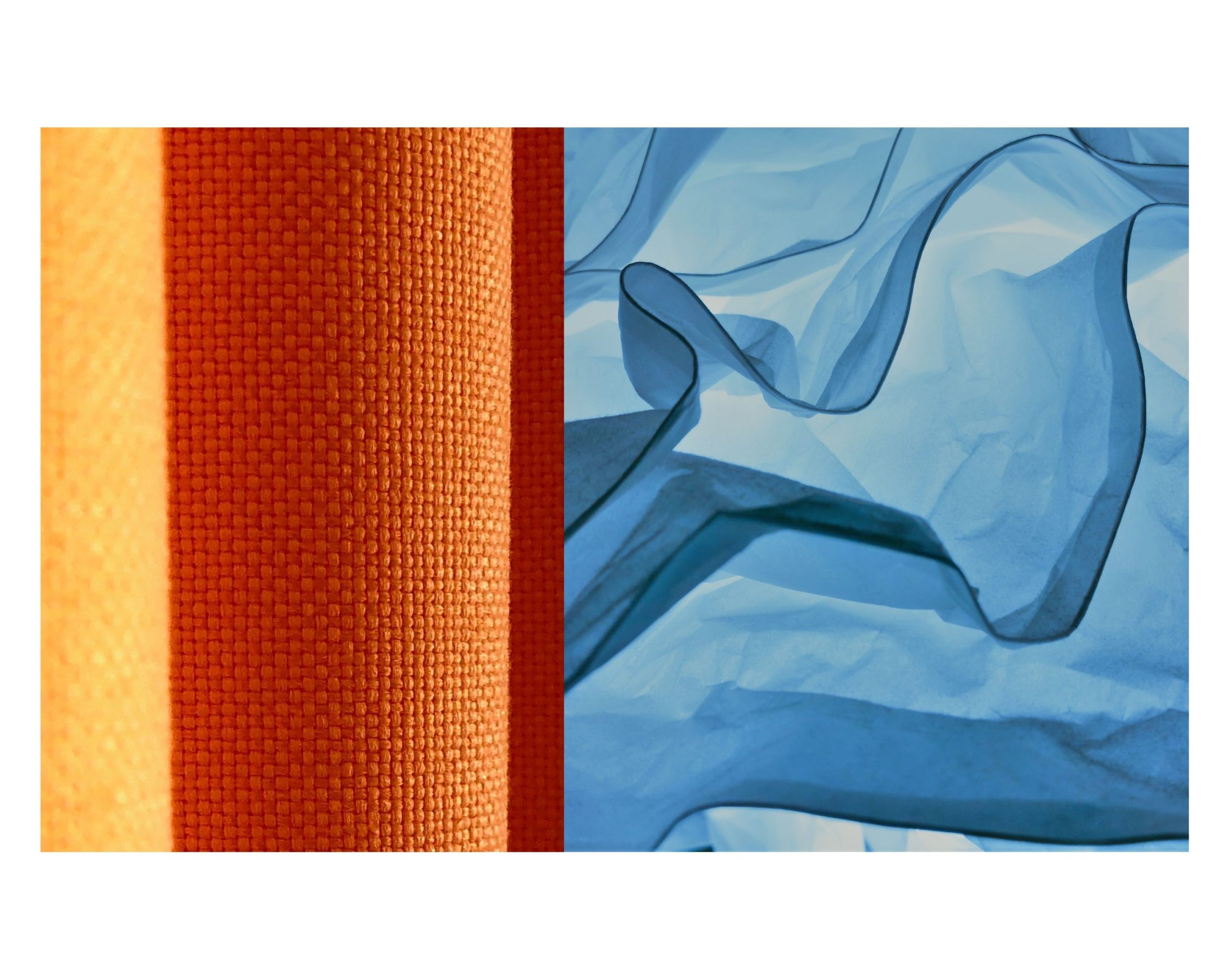 Breezy blue and contrasting heavy orange drapery trend. Covers Canada